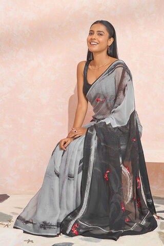 Grey Digital Printed Viscose Organza Saree image number