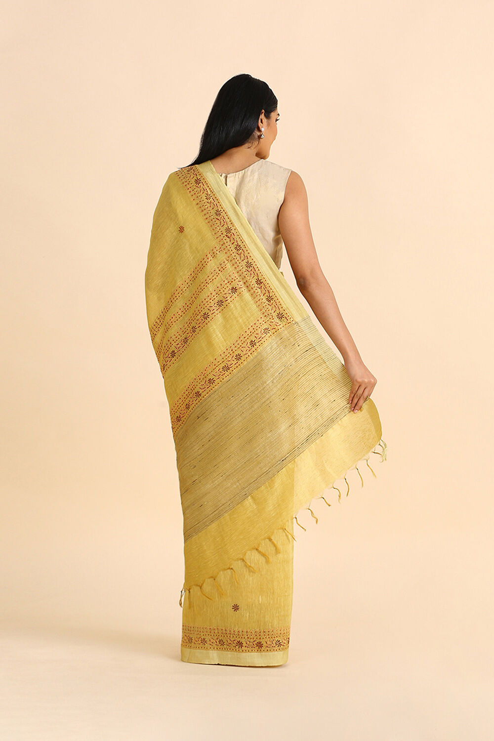 Yellow Embroidered Pure Silk Linen Saree image number null