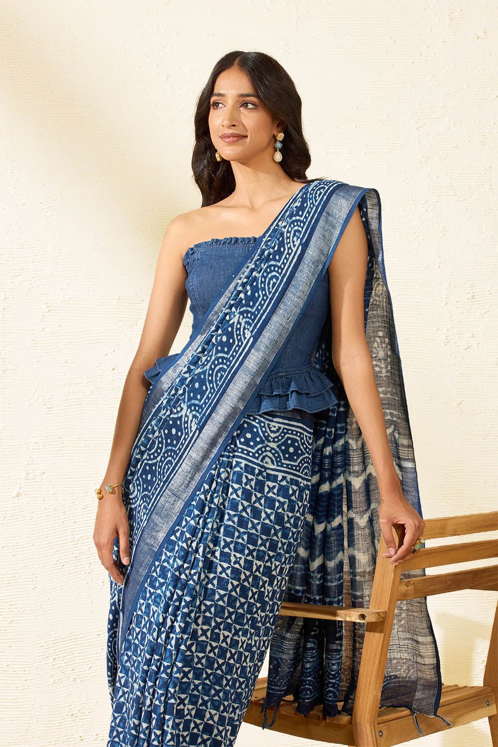 Blue Block Printed Cotton Viscose Saree image number null