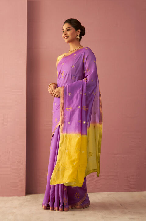Purple Pure Silk Cotton Embroidered Saree