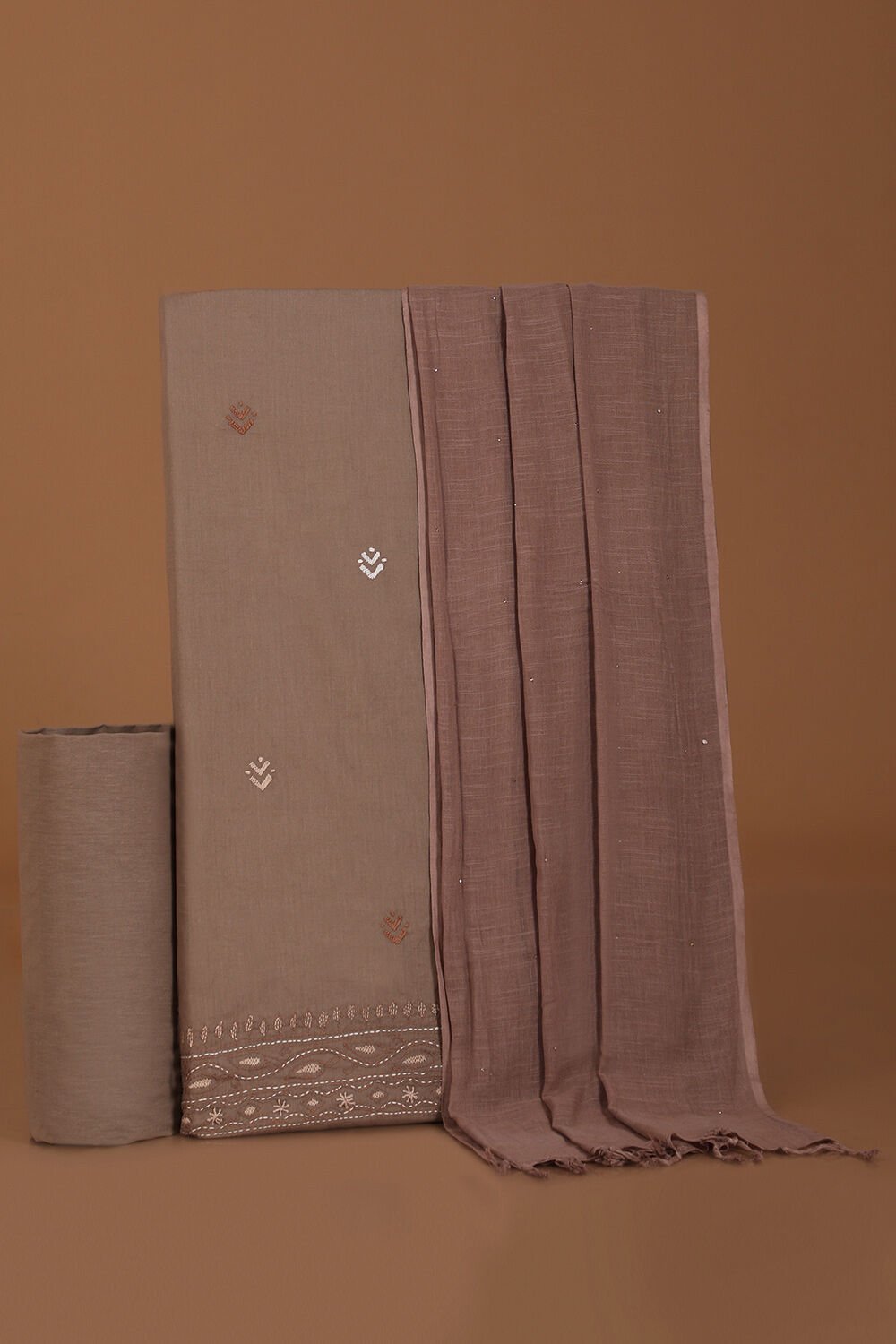 Grey Pure Cotton Kantha Embroidered Unstitched Suit Set image number null