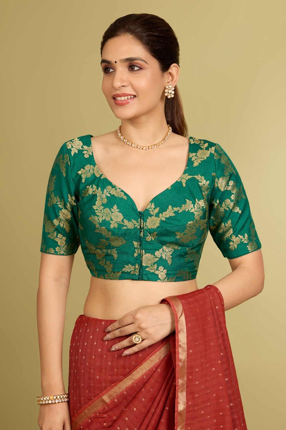 Dark Green Viscose Cutwork Blouse image number null