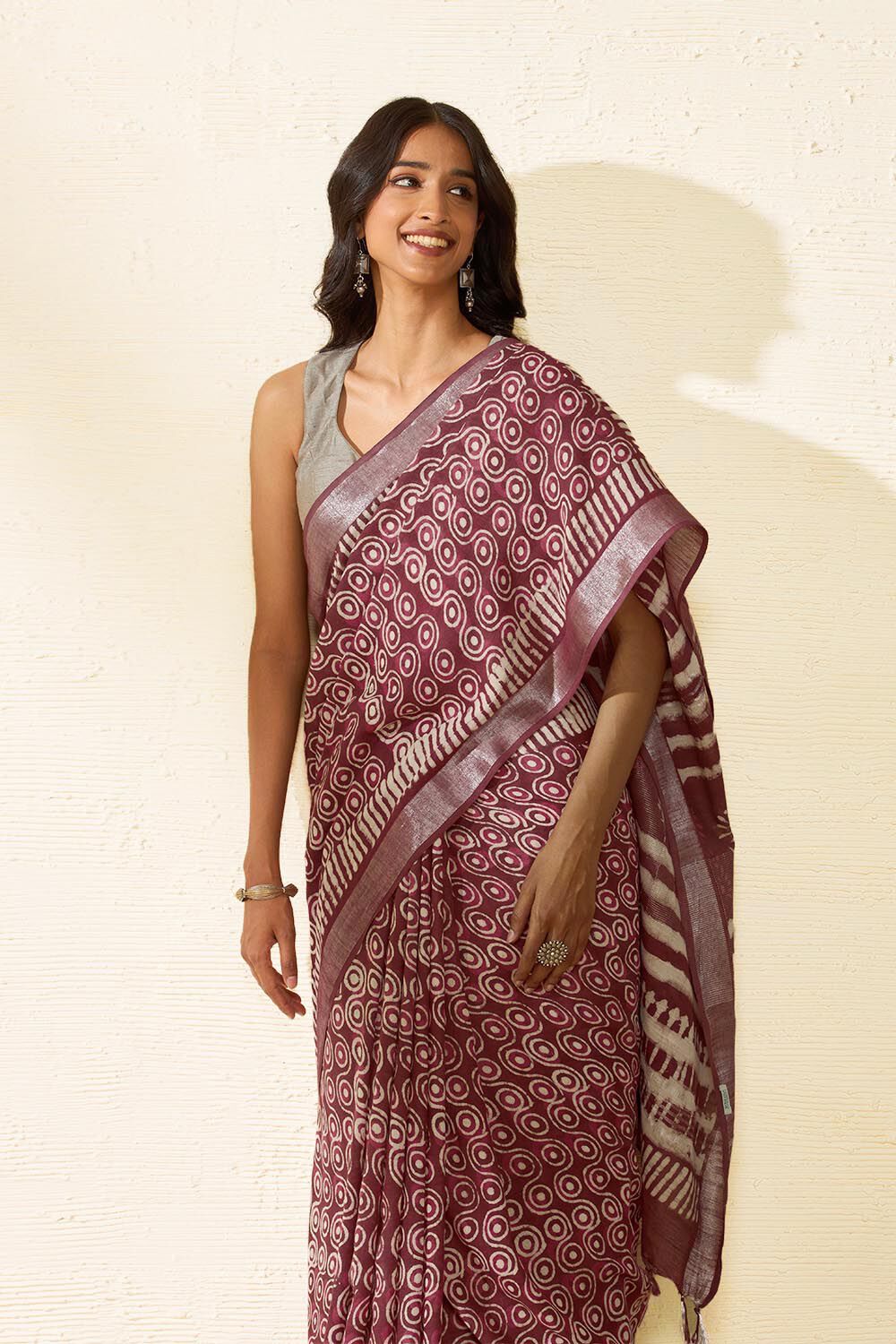 Pink Block Printed Cotton Viscose Saree image number null