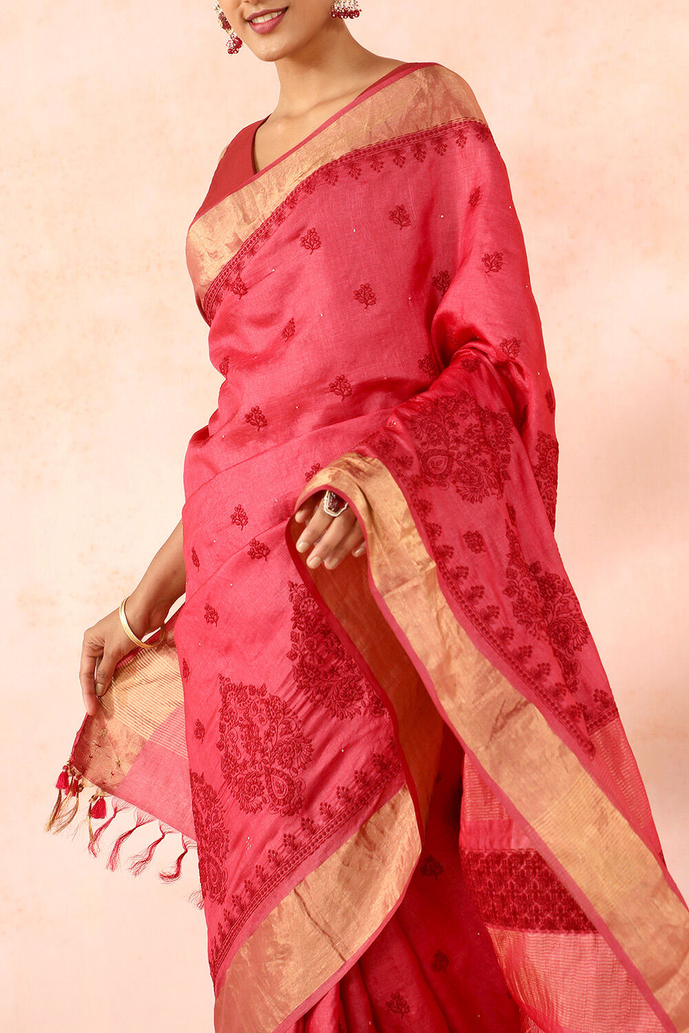 Dark Pink Contemporary Pure Tussar Silk Embroidery Saree image number null