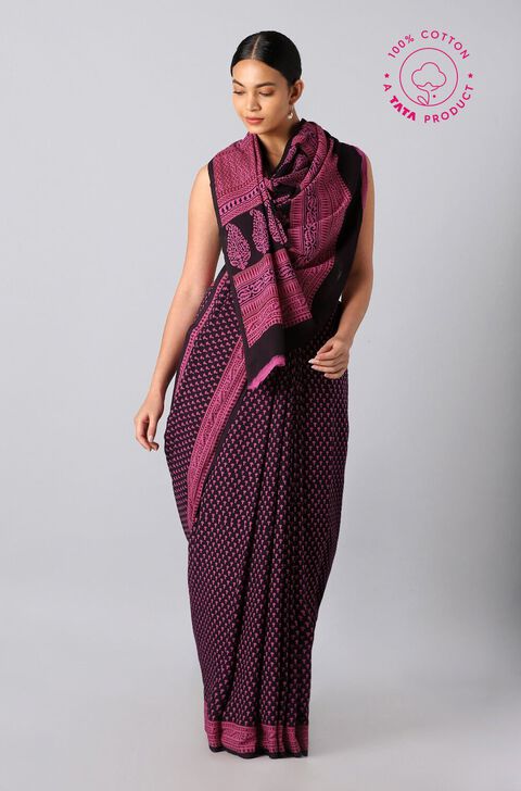 Pink Pure and Black Cotton Bagh Saree