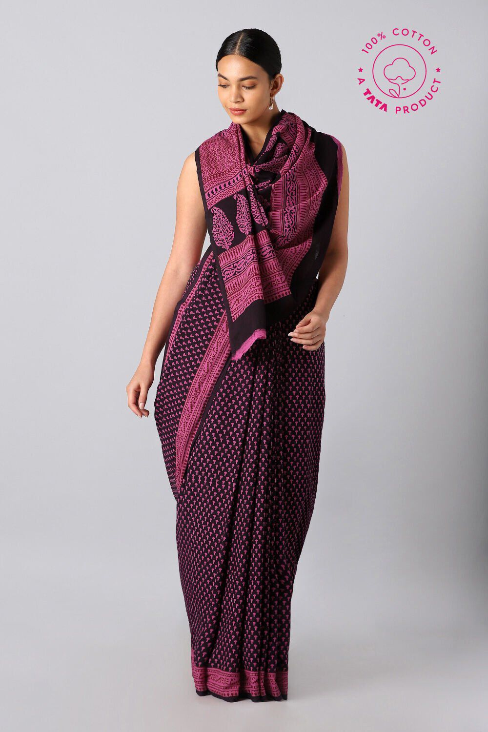 Pink Pure and Black Cotton Bagh Saree image number null