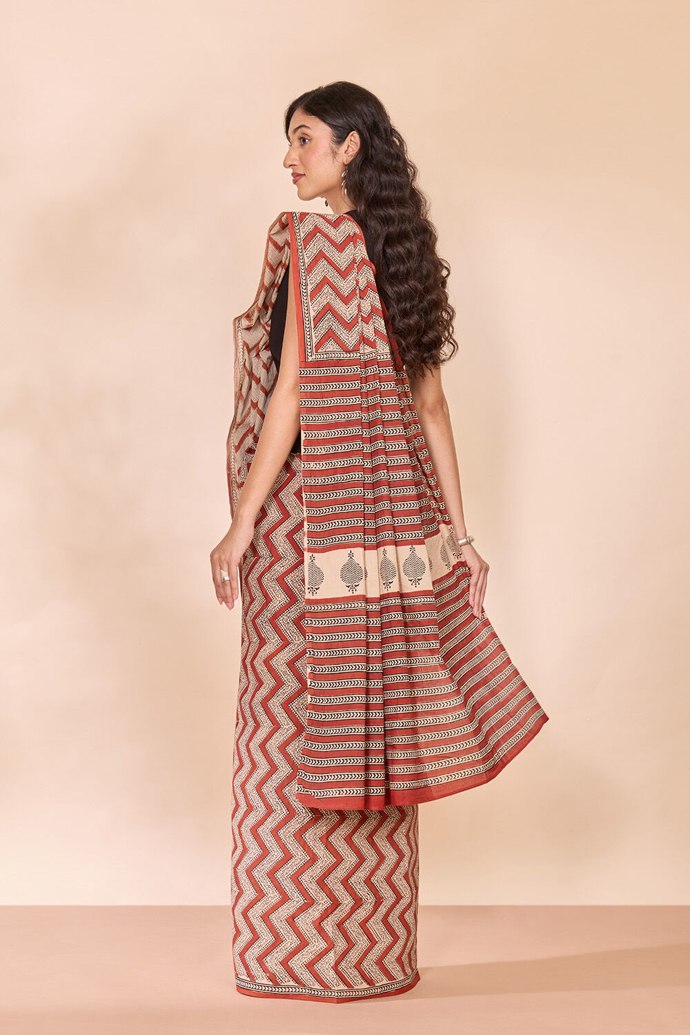 Dark Red Rajasthan Block Printed Pure Cotton Saree image number null