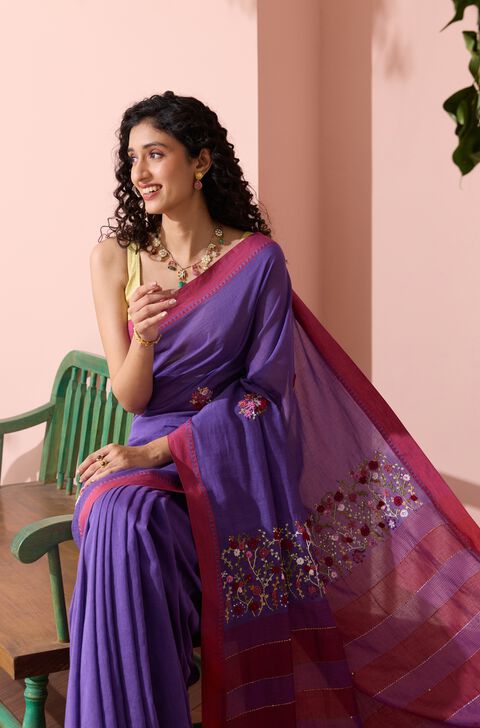 Violet Bengal Pure Cotton Embroidered Saree