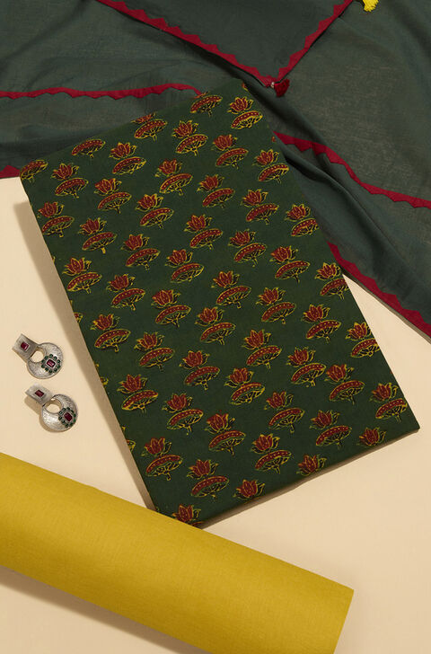 Dark Green Pure Cotton Ajrakh Unstitched Suit Set