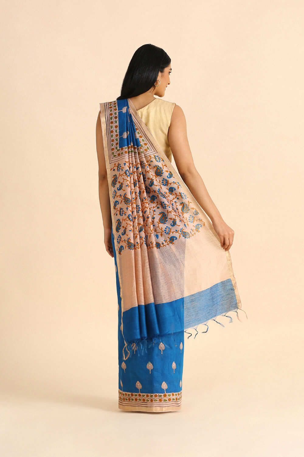 Blue Hand Blockprinted Pure Tussar Vanya Saree image number null