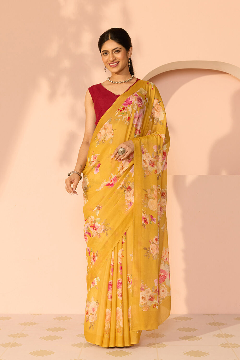 Yellow Printed Viscose Crepe Saree image number null