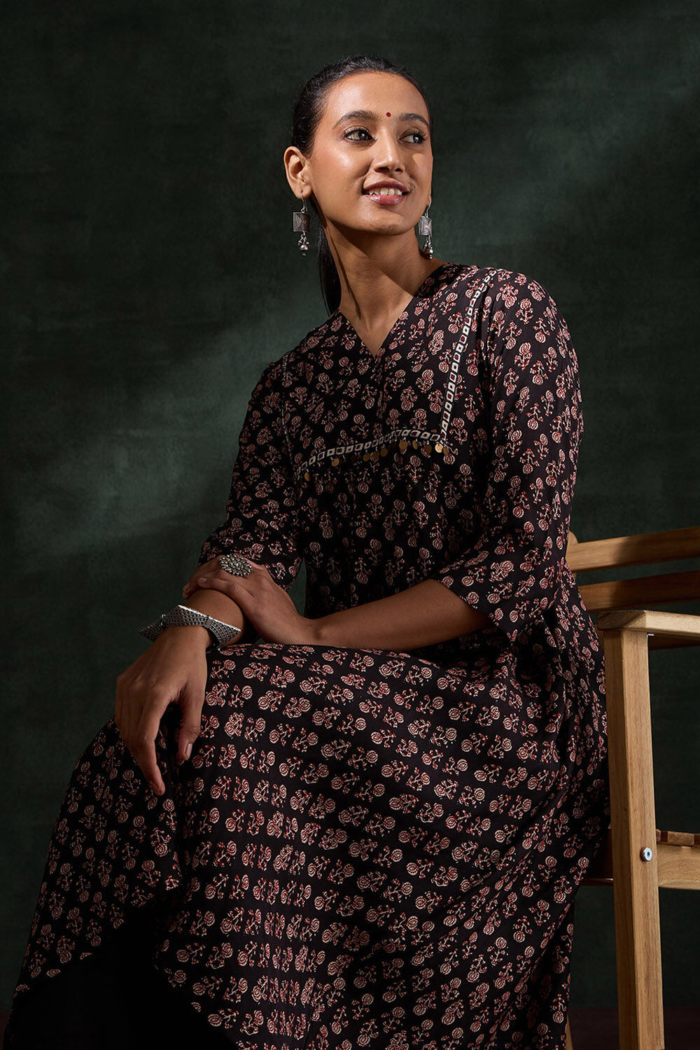 Black Screen Printed Viscose Kurta Set image number null