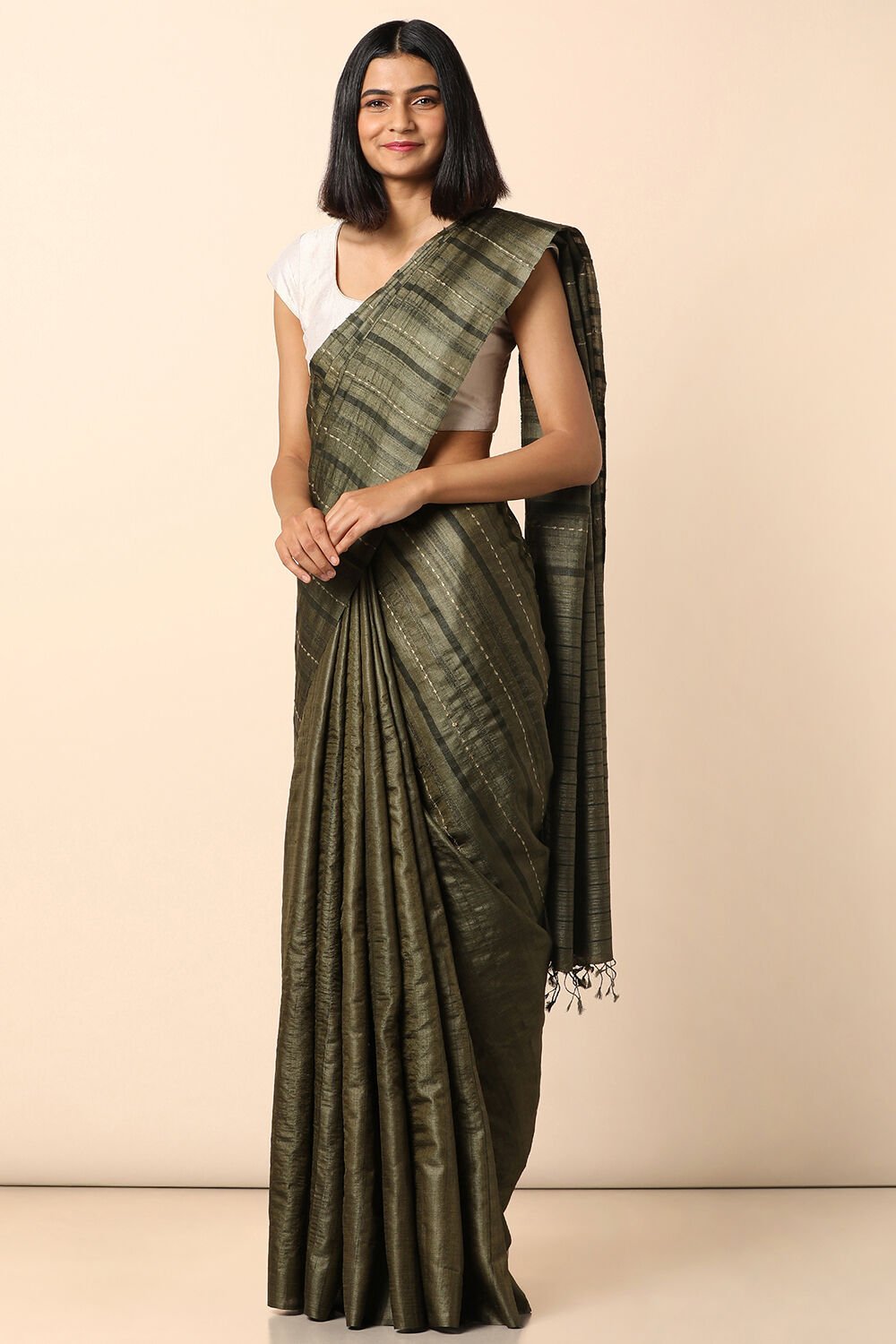 Dark Pure Green Tussar Woven Saree image number null