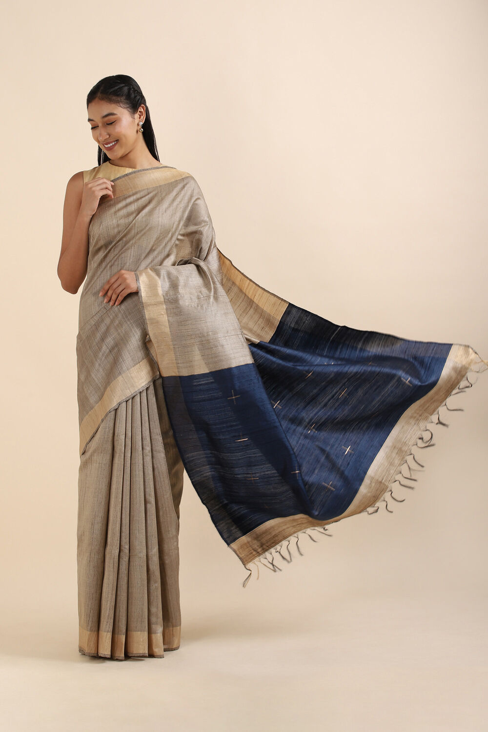 Beige Pure Tussar Silk Bhagalpuri Saree image number null