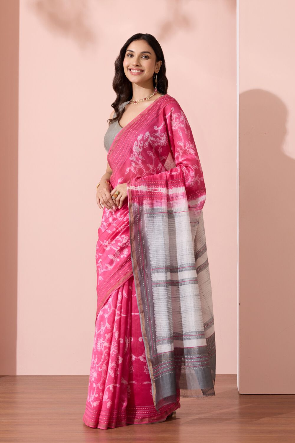 Pink Rajasthan Pure Silk Cotton Shibori Saree image number null