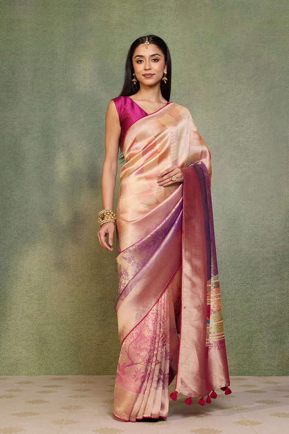 Pink Printed Viscose Tissue Saree image number null