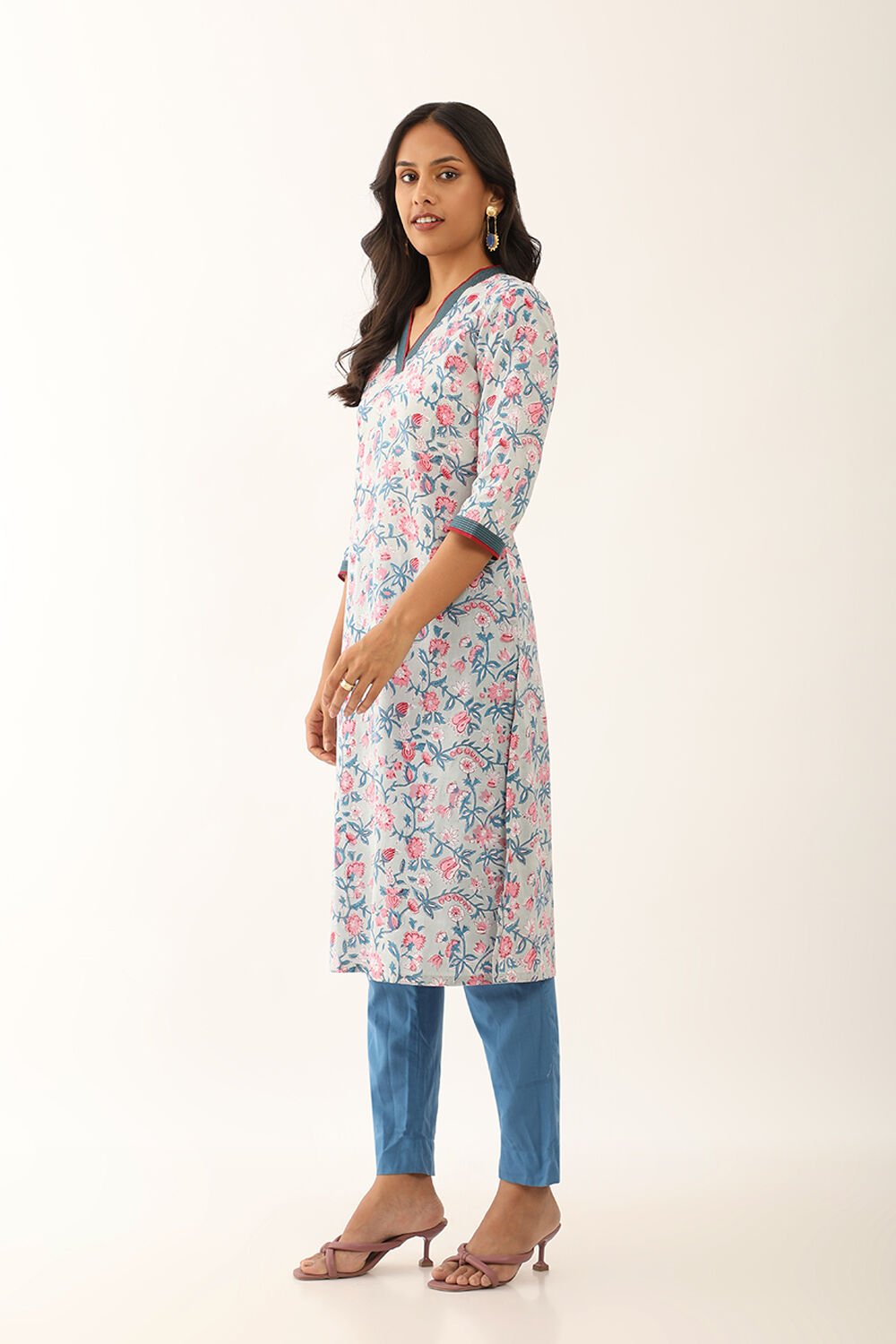 Grey Pure Cotton Block Printed Kurta with Embroidery image number null