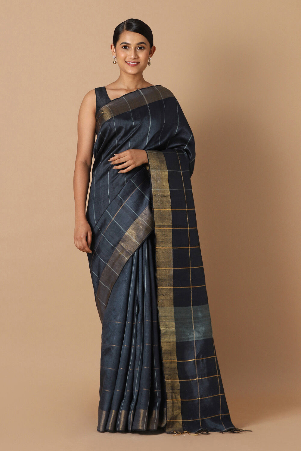 Dark Blue Pure Tussar Silk Bhagalpuri Saree image number null