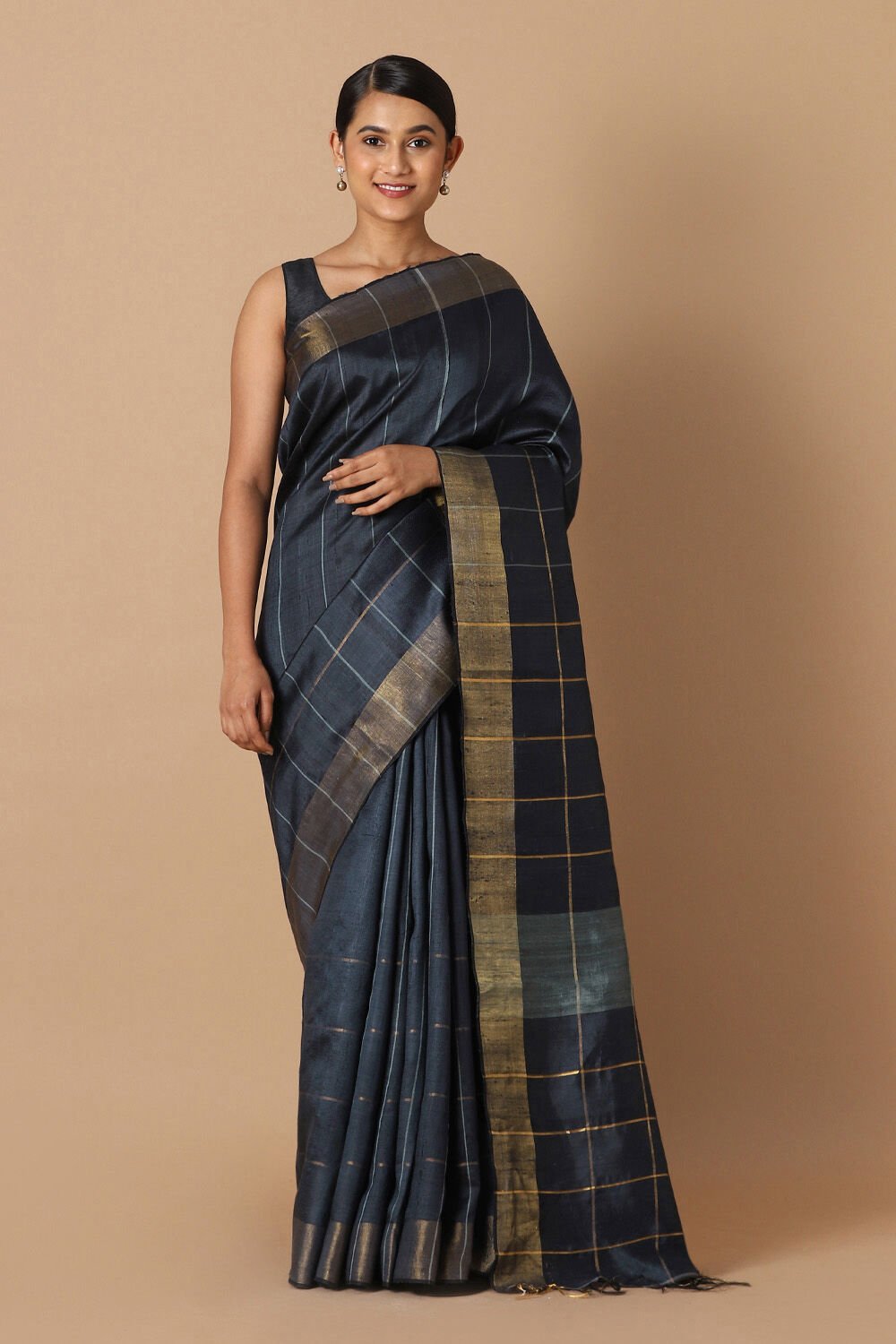 Dark Blue Pure Tussar Silk Bhagalpuri Saree image number null