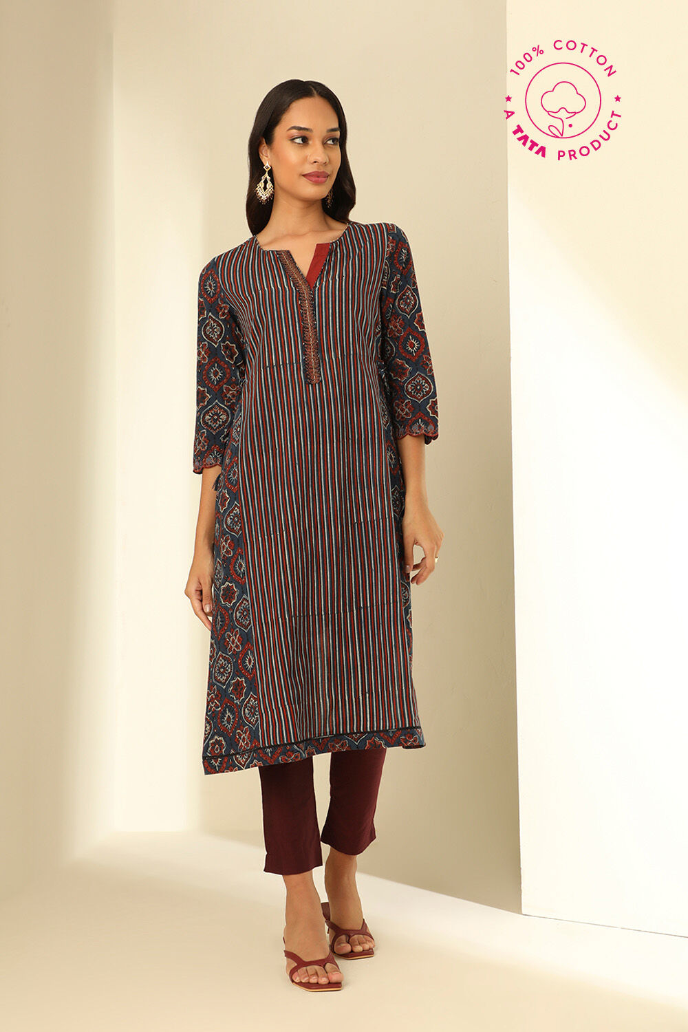 Blue Cotton Printed Kurta image number null