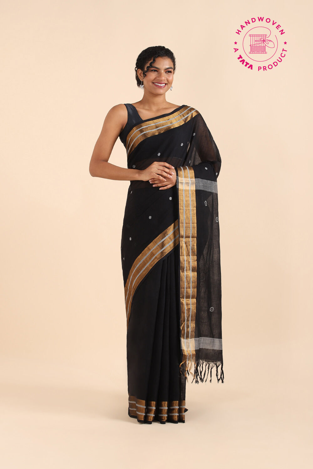 Black Pure Khadi Cotton Ponduru Jamdani Saree image number null