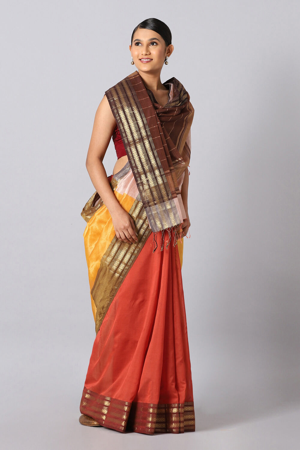 Yellow and Orange Pure Silk Cotton Maheswari Saree image number null