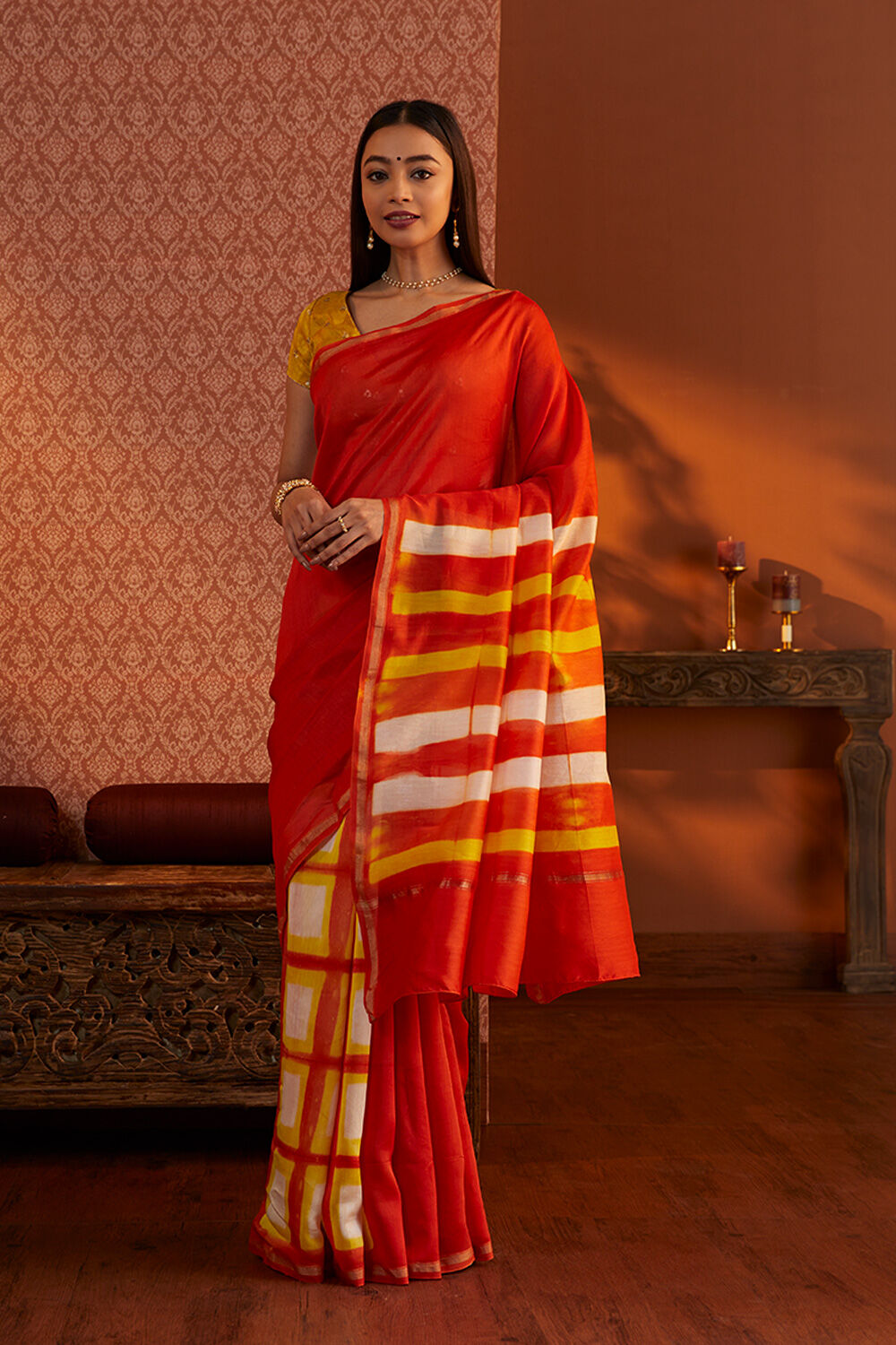 Orange Rajasthan Silk Cotton Tie and Dye Shibori Saree image number null
