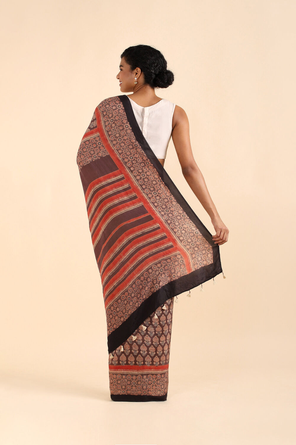 Brown Pure Silk Ajrakh Printed Saree image number null