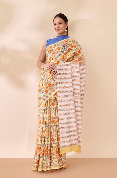 Light Yellow Bagru Printed Sanganeri Pure Cotton Saree