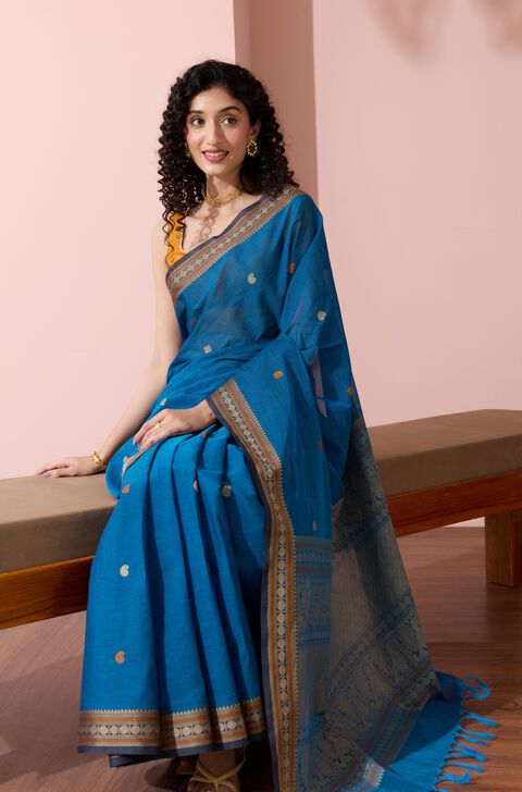 Blue Woven Pure Cotton Saree