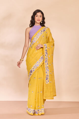 Yellow Tissue Lyocell Linen Embroidered Saree thumbnail image number null