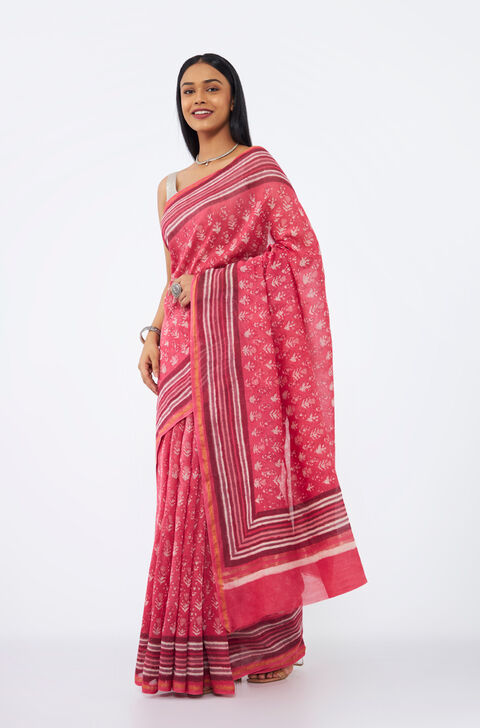 Light Pink Pure Silk Cotton Bagru Printed Saree