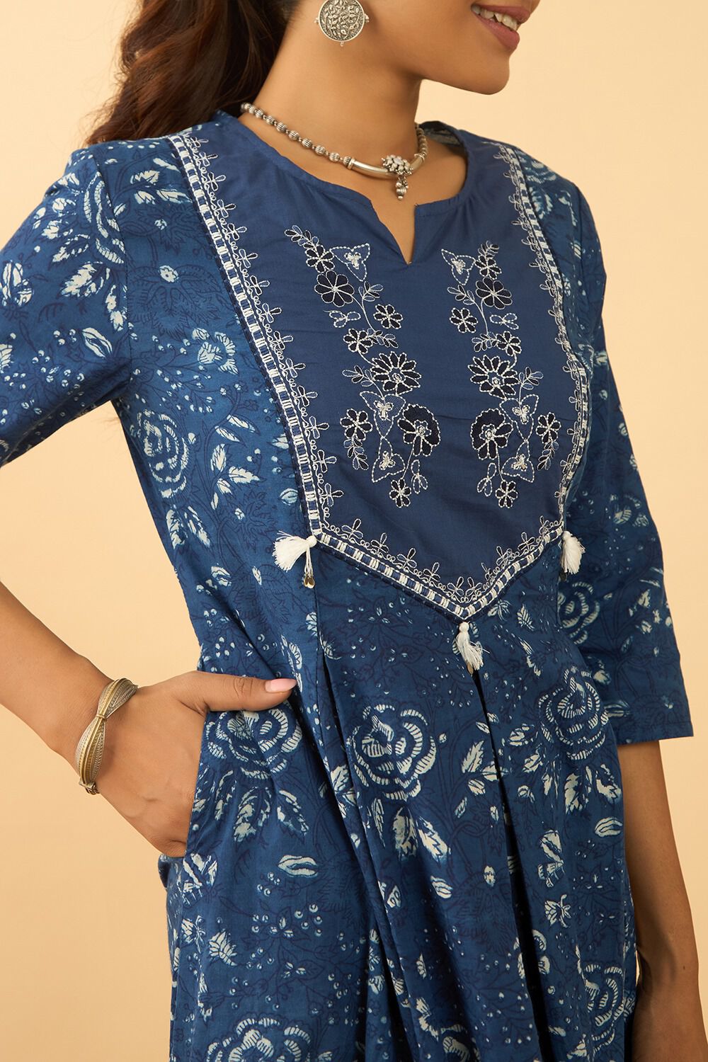 Blue Pure Cotton Printed Embroidered Kurta image number null