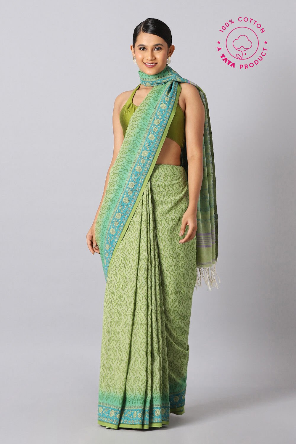 Green Pure Cotton Printed Saree image number null