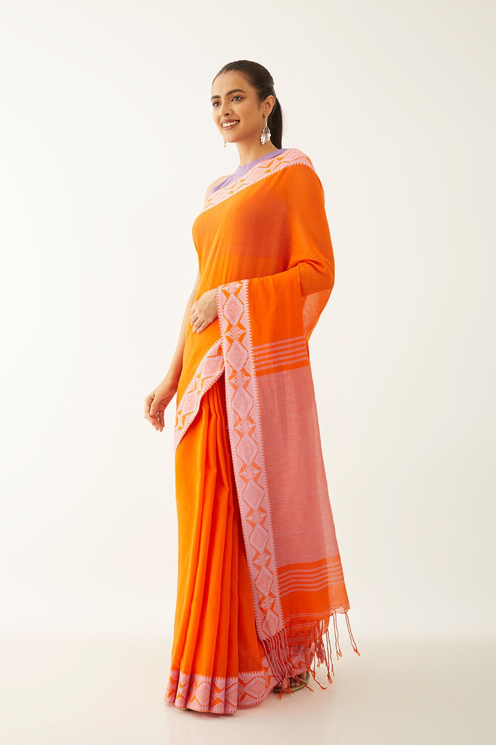 Orange Pure Cotton Woven Design Bengali Saree image number null