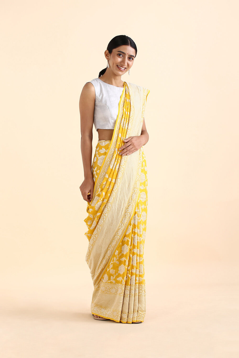 Yellow Pure Georgette Banarasi Saree image number null