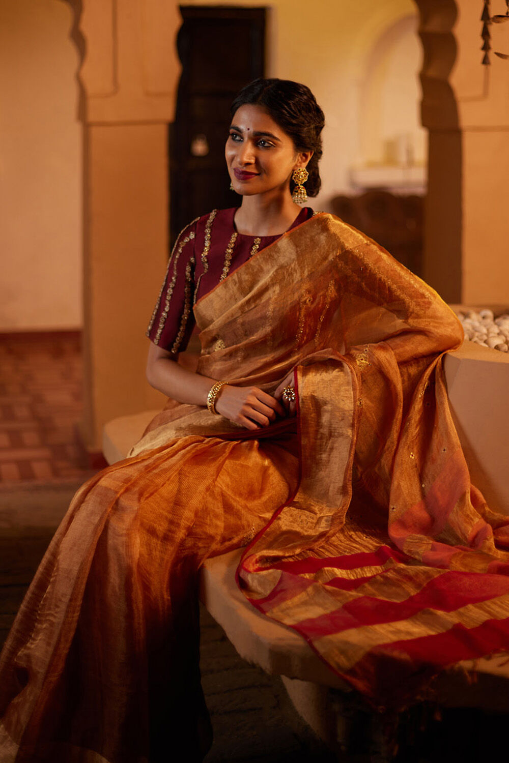 Orange Pure Silk Tissue Embroidery Saree image number null