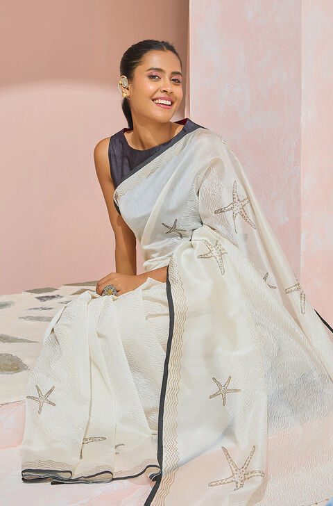 Off White Block Printed Pure Silk Cotton Saree
