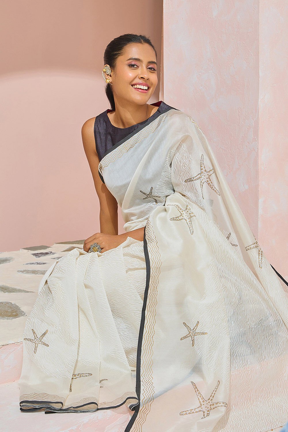 Off White Block Printed Pure Silk Cotton Saree image number null
