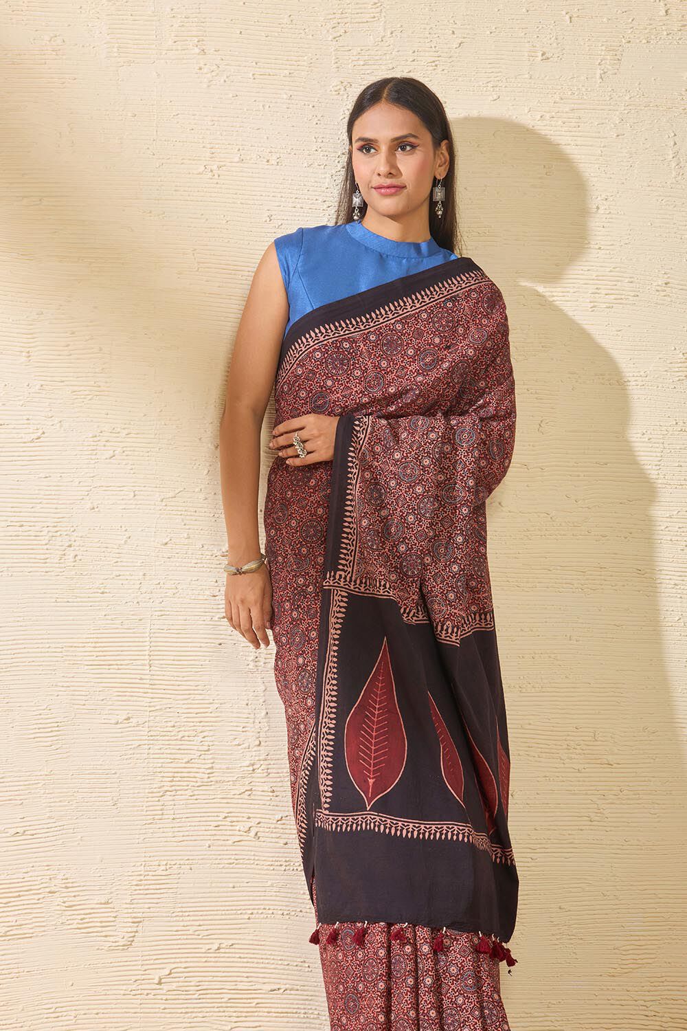 Dark Red Gujarat Pure Cotton Ajrakh Saree image number null