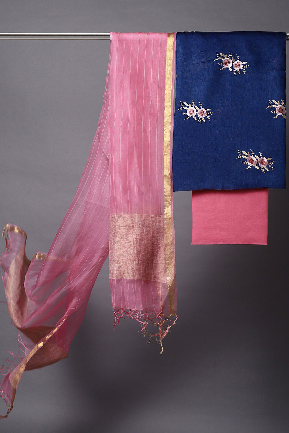 Blue Silk Embroidered Unstitched Suit Set image number null