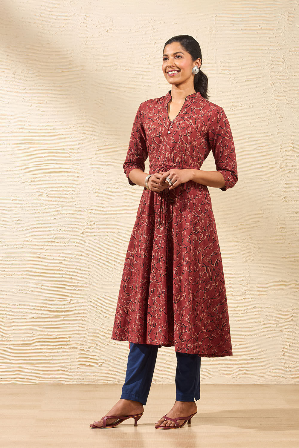 Red Block Printed Kalamkari Pure Cotton Kurta image number null