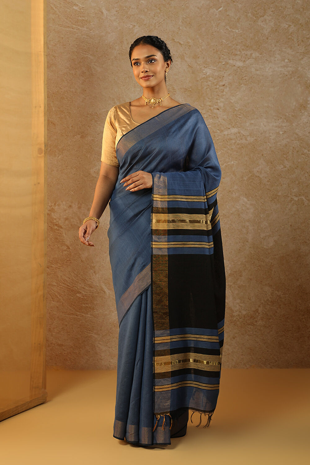 Navy Bhagalpur Woven Silk Viscose Saree image number null