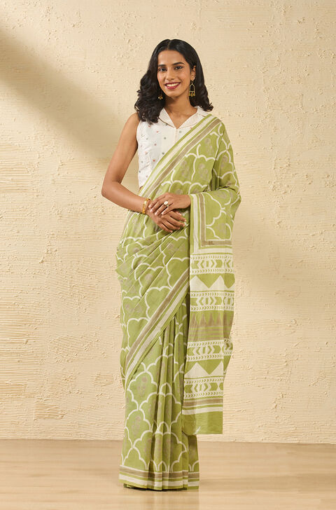 Light Green Rajasthan Pure Cotton Dabu Block Printed Saree