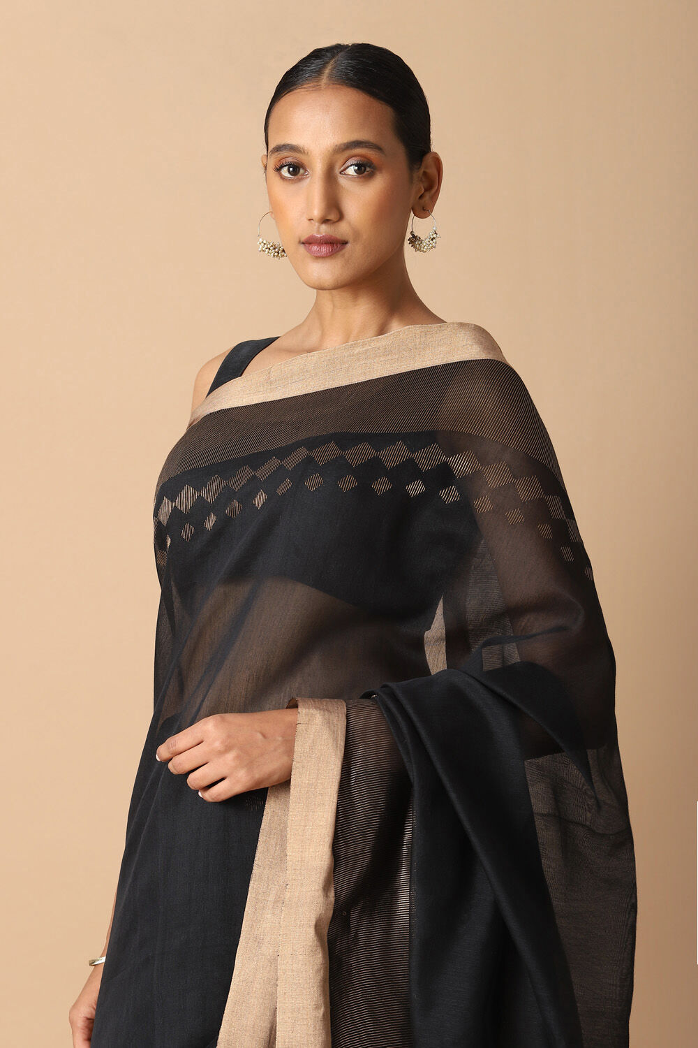 Black Pure Silk Cotton Jamdani Saree image number null