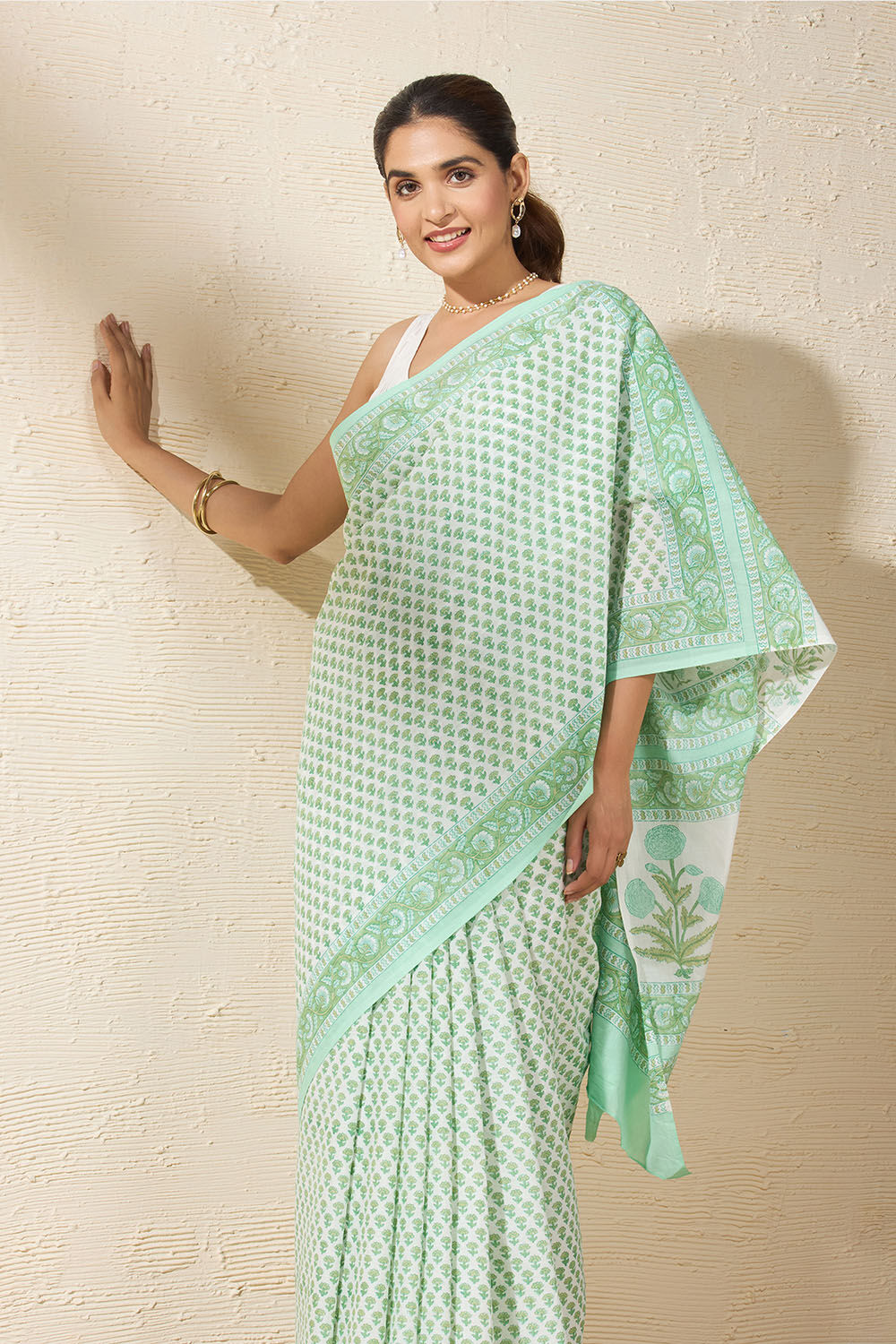 Light Green Block Printed Rajasthan Pure Cotton Saree image number null