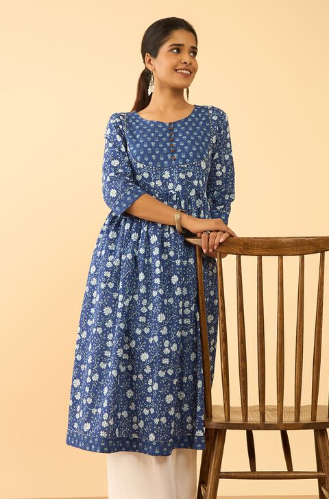 Blue Screen Printed Pure Cotton Kurta