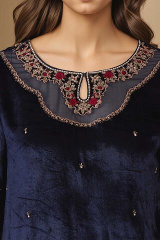 Blue Velvet Embroidered Kurta Set thumbnail image number null