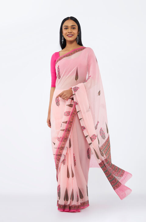 Pink Viscose Organza Printed Saree