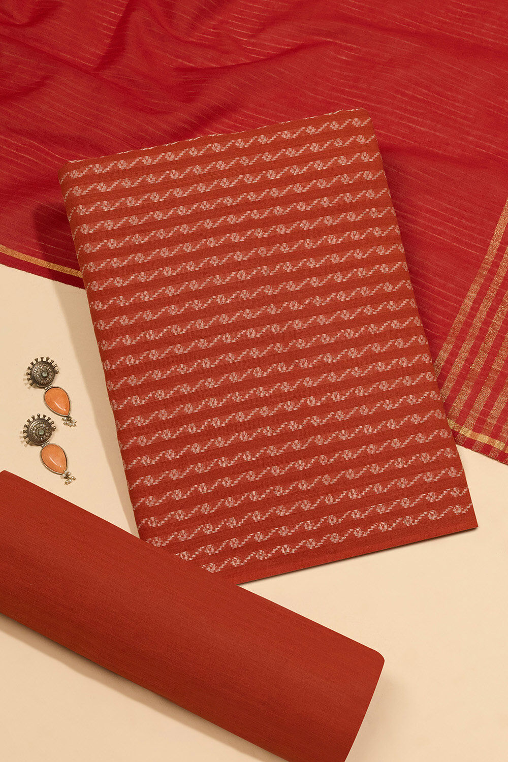 Dark Orange Woven Pure Cotton Unstitched Suit Set image number null
